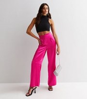 New Look Bright Pink Satin High Waist Wide Leg Trousers